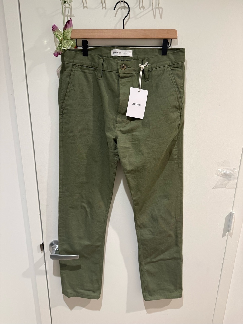 Olive Green Selvedge Chino Pants - Picture 3 of 4